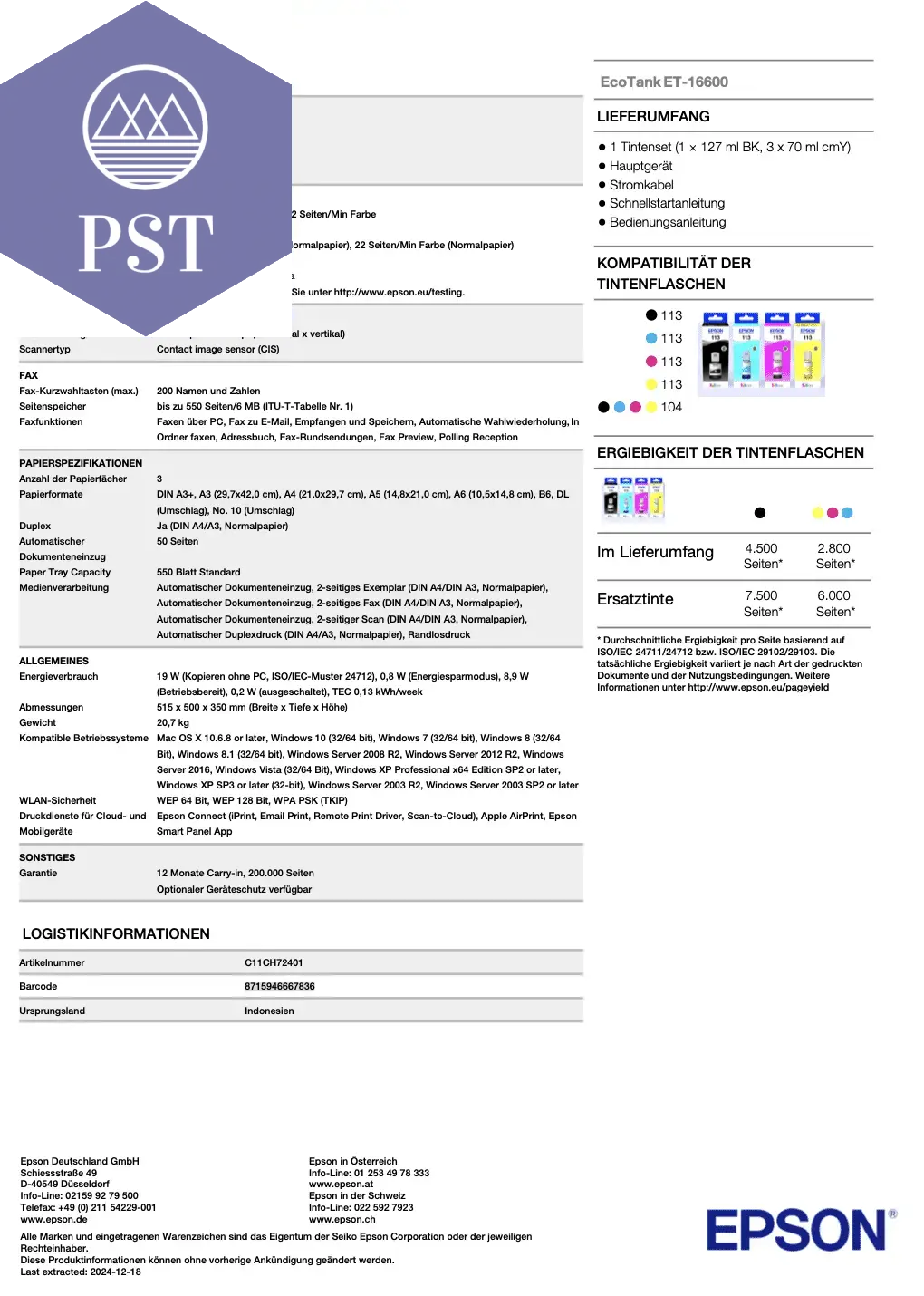 Epson EcoTank ET-16600 PST PS Tradings drucker drucker