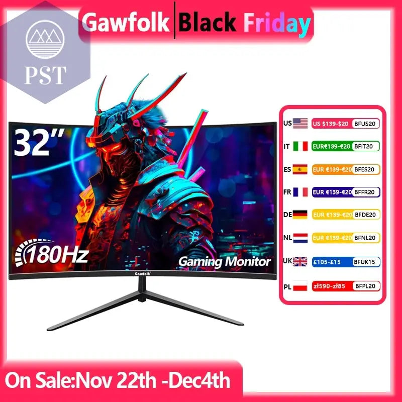 Gawfolk 32-Zoll-Gaming-Monitor Gebogen 1800R, 180 Hz Pc-Bildschirm Full HD 1080P, Rahmenlos 1500R Gebogenes Computerbildschirm PST PS Tradings 32Inch-1K180Hz / Eu-SteckerGawfolk 32-Zoll-Gaming-Monitor Gebogen 1800R, 180 Hz Pc-Bildschirm Full HD 1080P, Rahmenlos 1500R Gebogenes Computerbildschirm