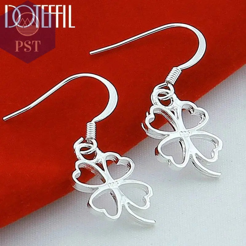 DOTEFFIL 925 Sterling Silver Hollow Four-leaf Clover Drop Earrings For Woman Wedding Engagement Fashion Party Charm Jewelry - Property & Safety Tradings