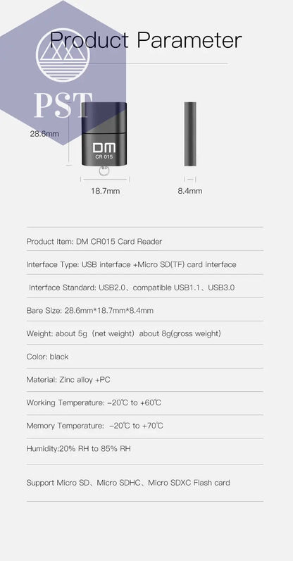 DM CR015 Micro SD Card Reader with innovative TF card slot change the card reader into a usb flash drive for computer or for car       PST PS Tradings