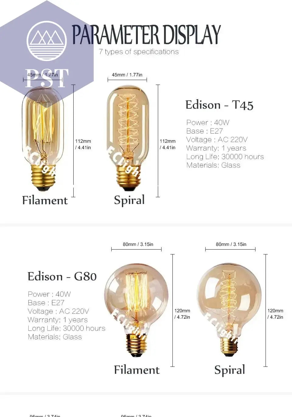Edison Bulb E27 220V 40W ST64 A19 T45 G80 G95 G125 Incandescent Filament Bulb Lighting Retro Edison Light Bulb       PST PS Tradings