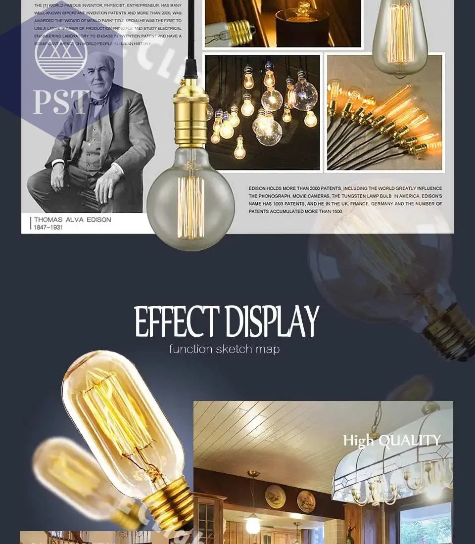 Edison Bulb E27 220V 40W ST64 A19 T45 G80 G95 G125 Incandescent Filament Bulb Lighting Retro Edison Light Bulb       PST PS Tradings
