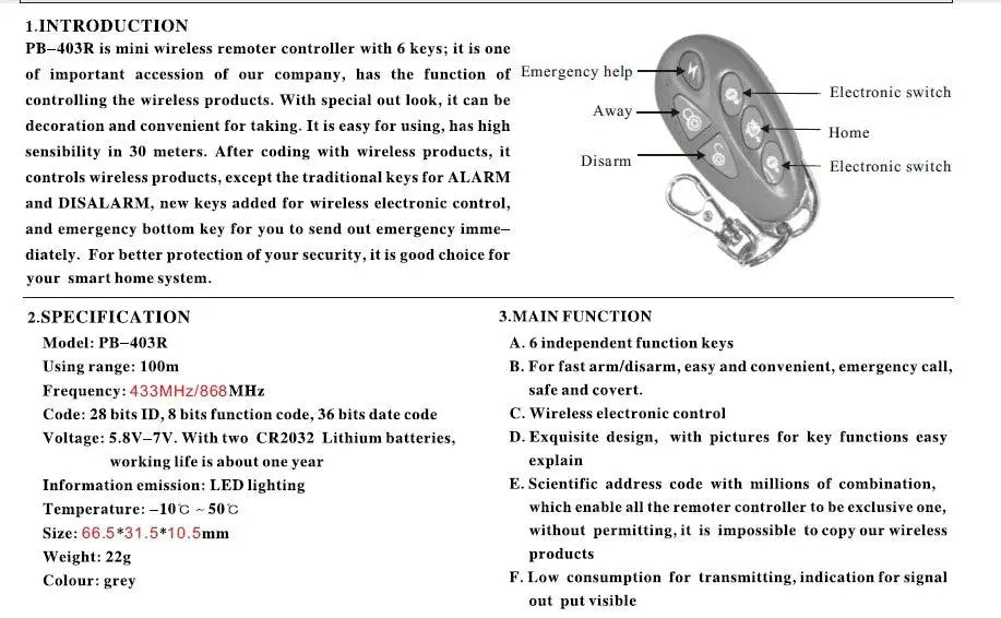 Focus 433Mhz or 868Mhz PB-403R Remote Control Arm Disarm Home Arm SOS 6 Key Function Wireless Alarm Remote Keyfob - PST PS Tradings