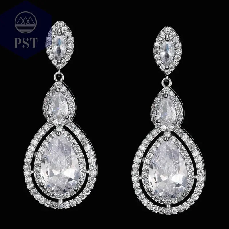 LXOEN Marquise Cut Flower Zirconia Crystal Long Drop Earrings for Women Shiny Leaf CZ Stone Bridal Wedding Jewelry       PST PS Tradings