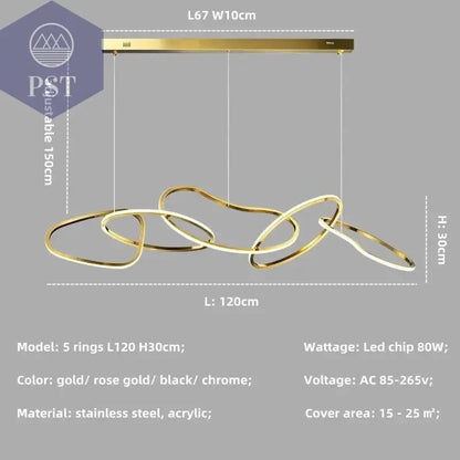 Luxuriöse Dimmbare Pendelleuchte Esstisch Leuchter Wohnzimmer Beleuchtung PST PS Tradings Pendelleuchte PST PS Tradings gold-in-stock-5-ring-L120cm-80W-neutral-light-4200 PST PS Tradings