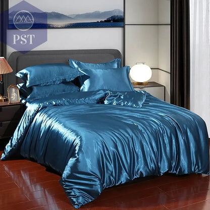 Luxuriöses Satin Bettwäsche Set mit Bettlaken PST PS Tradings Bettwäsche PST PS Tradings 2.0m-4pcs-Peacock-blue-Flat-Bed-Sheet PST PS Tradings Luxuriöses Satin Bettwäsche Set mit Bettlaken Bettwäsche