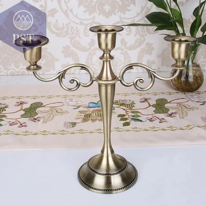 Metal Gold Bronze Plated Candle Holder Retro 3-Arms Candelabra For Wedding Prop Candlelight Dinner Hotel Home Decoration - PST PS Tradings