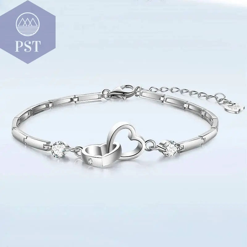 New Charms 925 Sterling Silver Bracelets Bangles for Women Valentine's Days Gift Cubic Zircon Double Heart Bracelet Jewelry - Property & Safety Tradings