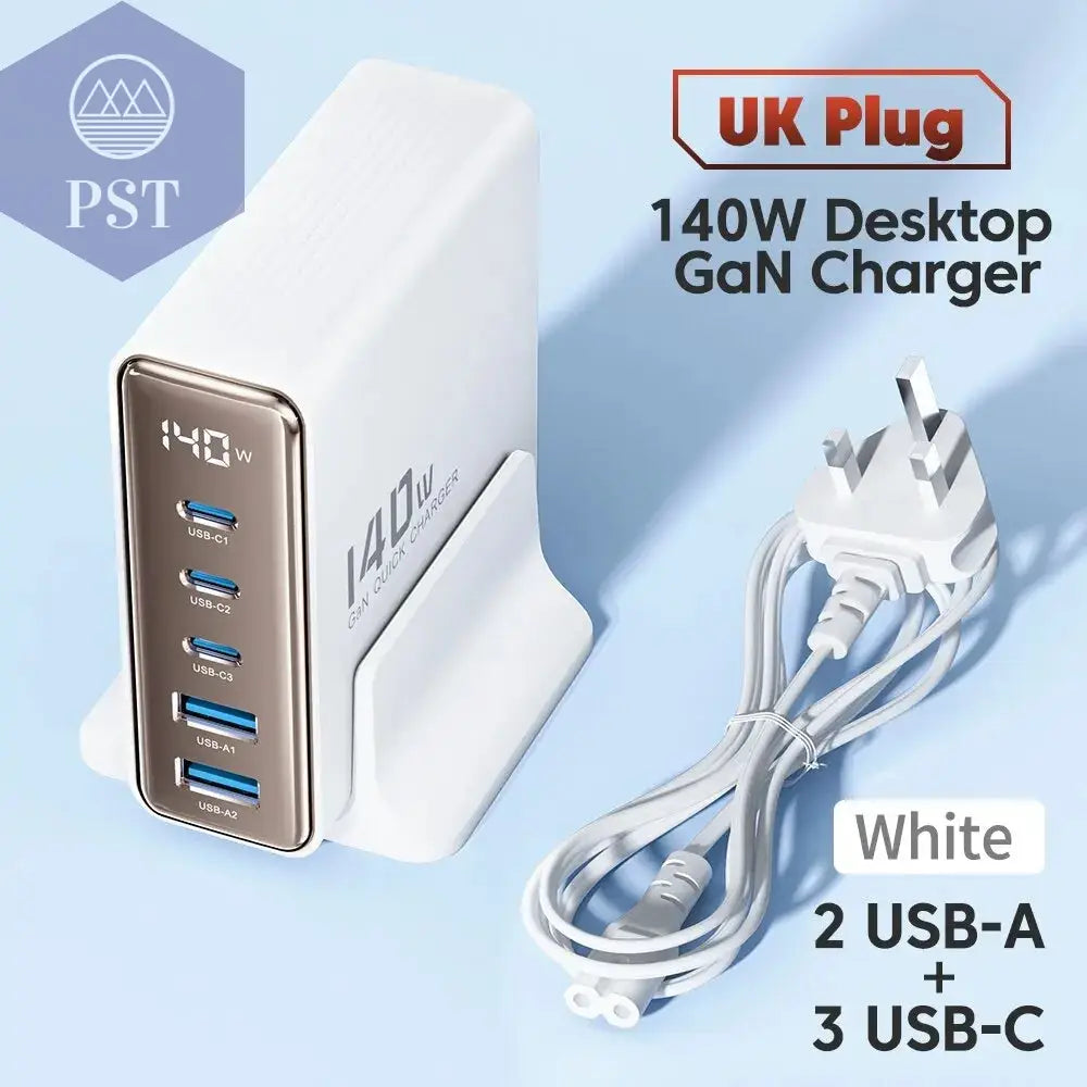 Toocki 140W GaN USB Charger 5in1 Desktop Fast Charge PST PS Tradings  UK White Toocki 140W GaN USB Charger 5in1 Desktop Fast Charge